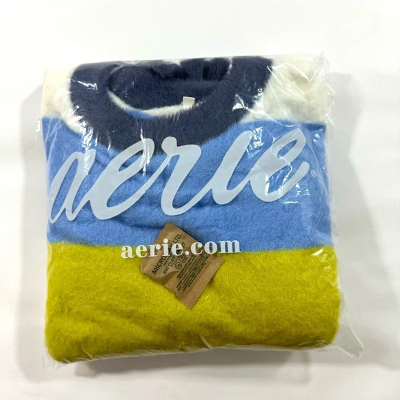 NWOT Aerie Flurry Crewneck Striped Sweater Blue Yellow - Picture 4 of 8